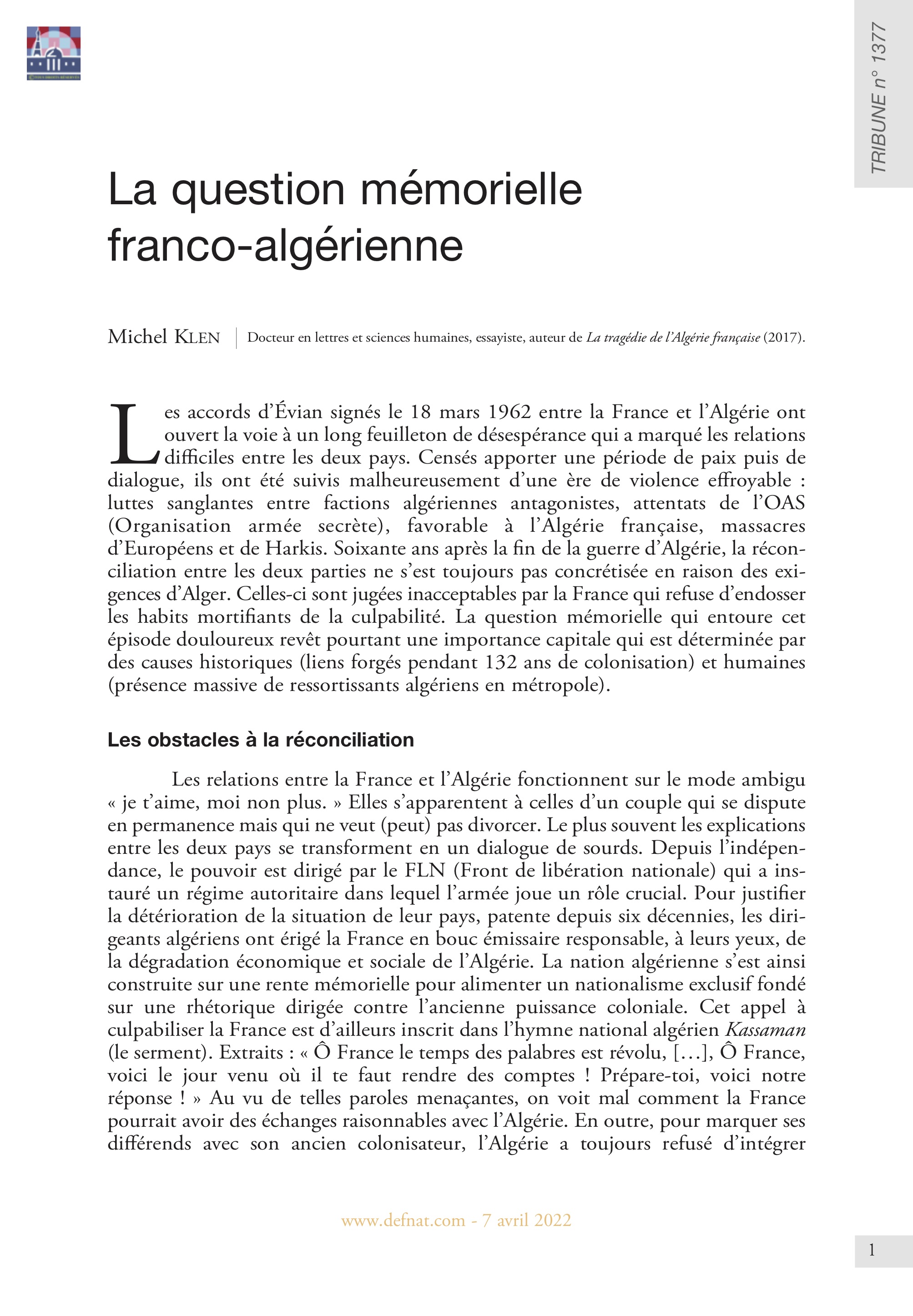 La question mémorielle franco-algérienne (T 1377)
